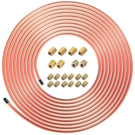 25 Ft Copper-Coated Brake Line Kit, 1/4 Inch Tubing Coil with 20 Fittings, Gold