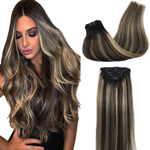 GOO GOO Clip in Hair Extensions Ombre Natural Black to Light Blonde Real Hair Extensions Clip in Remy Human Hair Extensions Straight 22 inch 120g 7pcs