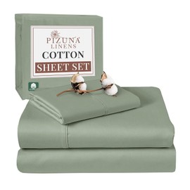 Pizuna Pure 100% Cotton Sheets Twin Size, Luxurious 400 Thread Count Long Staple Cotton Sateen Sheets Twin with 15" Deep Pocket (Combed Sea Foam Cotton Sheets Twin)