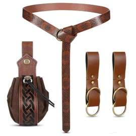 WanderGo Pack of 4 Medieval Clothing Accessories, Viking Costume Women with 1 Viking Belt, 1 Bag, 2 Belt Loops, Medieval Belt Women for Viking Pirate Witch Knight Renaissance Costume, brown