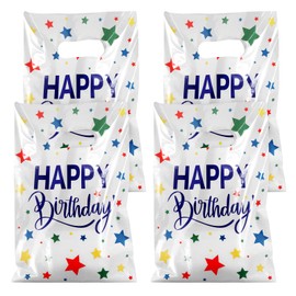 Fowecelt 100 Pack Happy Birthday Party Favor Bags, 7" x 10" White Plastic Bags Reusable Plastic Bags for Retail Shopping, Retail Shopping Bags for Kids Baby Girls & Boys Birthday Return Gift