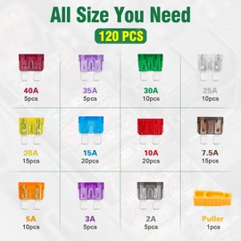 120-Piece Car Fuse Set, Bolatus Standard Car Fuses Blade Fuses with Fuse Puller, Automotive Fuses for Car, Motorhome, Truck, Motorcycle (2A, 3A, 5A, 7.5A, 10A, 15A, 20A, 25A, 30A, 35A, 40A)