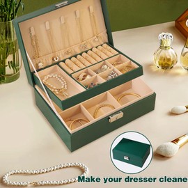 percifee Jewelry Boxes for Women Girls, Jewelry Organizer Box, 2 Layers Jewelry Storage Organizer for Earring, Ring, Necklace, Bracelets.(green)