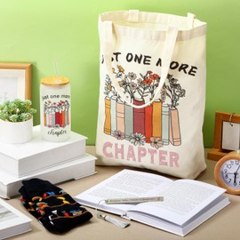 Yungyan Book Lovers Gifts Set Include Canvas Tote Bag 16oz Glass Cup with Bamboo Lid and Straw Novelty Socks Stainless Steel Bookmark Tassel Gifts for Book Lovers Librarian Friends Family (Stylish)