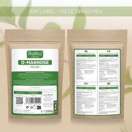 D-Mannose Powder 250 g - D Mannose Powder Bottled in Germany & Laboratory Tested, 125 Days Supply - Natural, Vegan - Extra Dosing Spoon - RAIBU