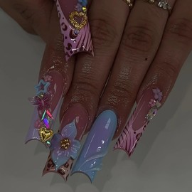 24 Pcs Handmade Press on Nails Long Square Nail Tips,YEFIUO French Acrylic Fake Nails Press ons 3D Flowers Butterfly Nail Charms Design Glue on Nails Full Cover Reusable False Nails Art Kit for Ma'am