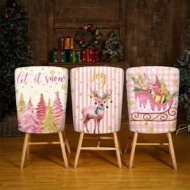 6 Pcs Christmas Chair Covers Christmas Chair Back Covers Dining Room Chair Covers Dining Chair Slipcovers for Christmas Dining Room Kitchen Wedding Party Decor (Pink Reindeer)