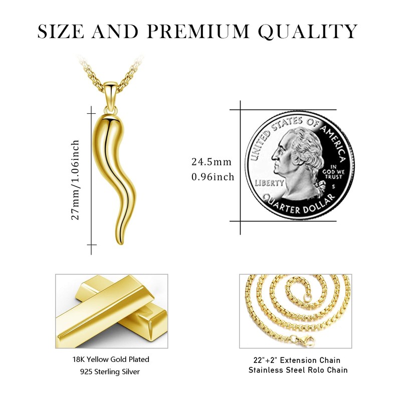 Gold Italian Horn Cornicello Necklace for Men Women with 22"+2"