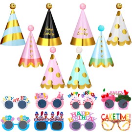 Gersoniel 16 Pcs Birthday Party Hats for Kids Adults Rainbow Colorful Sunglasses Cone Birthday Decorations Supplies (Glitter Style)