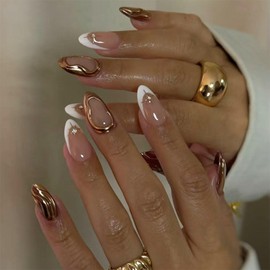 IMSOHOT French Tip Press on Nails Medium Almond Fake Nails Nude White False Nails with 3D Gold Chrome Design Glossy Acrylic Glue on Nails Full Cover Stick on Nails for Women 24Pcs