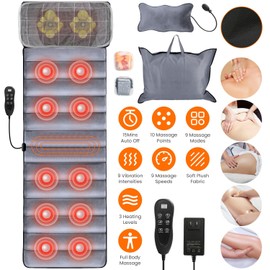 Full Body Massage Mat with Heat, 10 Vibration Nodes Massage Chair Pad with 3 Heating Levels, Multifunctional Full Body Relaxation Seat Back Massager with Head Neck Foot Massage Pillow for Home Office
