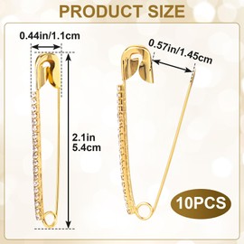 SmallCat 10pcs Rhinestone Safety Pins, Gold Plated Crystal Brooch Pins, Women Safety Pin Brooches, Sweater Clips, Decorative Sock Charm Jewelry Making Supplies for Clothes, Hats, Shawl
