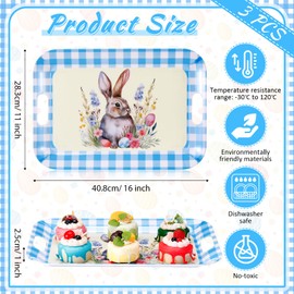 3 Pack Easter Serving Trays and Platters 16 x 11 Inch Easter Bunny Plates Large Serving Platter Decoration for Food Dishes Charcuterie Board Rectangular Decor Tray Party Supplies(Blue)