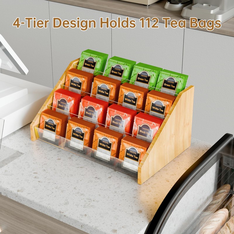 NiHome 4-Layer Tea Bag Organizer, Large Capacity Bamboo & Acrylic