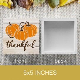 Rustic Thanksgiving Wooden Box Sign Pumpkin Fall Cute Sign Thankful Farmhouse Decorative Wood Box Sign Block Plaque for Wall Desk Home Bathroom Decoration 5 x 5 Inches