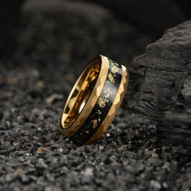 Zillaly 8mm Men's Tungsten Carbide Ring Gold/Black Hammered Meteorite Shavings Gold Foil Inlay Galaxy Nebula Green Opal Engagement Wedding Ring Matte Finish Comfortable Fit (8mm tungsten gold foil, 6)