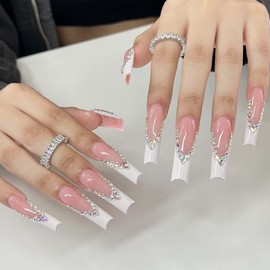 Pikabows Press On Nails Long Coffin Pink Rhinestone French Tip Fake Nails Acrylic Luxury False Nail Tips Kit Glue on Nails for Women