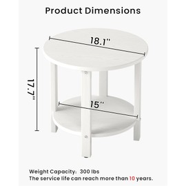 BIVODA HDPE Round Outdoor Side Table, 18.1-Inch Weatherproof Small Outdoor Table for Adirondack, 2-Tier Patio End Table for Garden Backyard Porch Deck Balcony Poolside (White)
