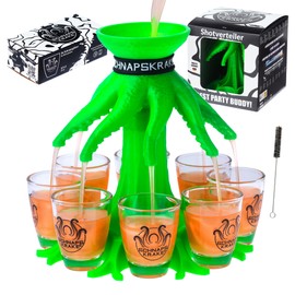Schnapskrake ® - Getränkeverteiler für 8 Personen - leuchtet im Neon Licht - 18 Geburtstag Geschenk - Party Zubehör - Bar Butler - Ausgiesser - Einschenker (Neon grün, inkl. Gläser)