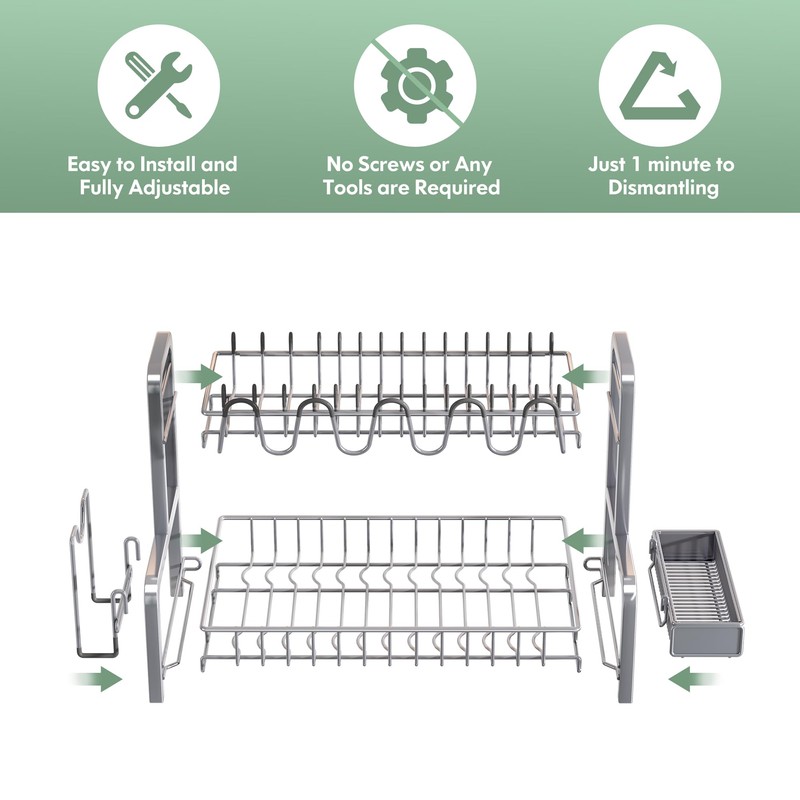 BOOSINY 2 Tier Dish Drying Rack and Drainboard Set, Large