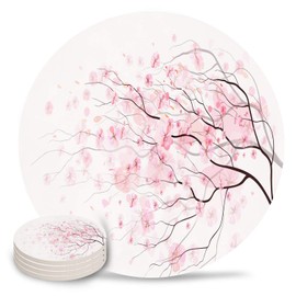Vibiliyou A 4-Piece Set of Unique Absorbent Ceramic Drink Coasters,Featuring Pink Sakura Designs,with Cork Backing,Ideal as a Gift for Bar Home/Housewarming Decorations