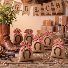 12 Pcs Western Party Burlap Bags 7 x 5 Inch Drawstring Cowboy Gift Bags with Horseshoe Red Plaid Ribbon Rustic Treat Favor Bag for Western Cowgirl Party Wedding Candy Goodie Favors
