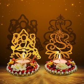 Satvik 1 Pair Lakshmi Ganesh Decorative Shadow Diya, Diwali Decoration Traditional Murti Statue Home/Office Religious Tea Light Candle Holder Stand Indian Housewarming Return Gift Items (Pack of 1)