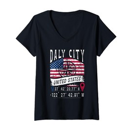 Damen Daly City USA-Flagge GPS Koordinaten Daly City T-Shirt mit V-Ausschnitt