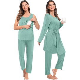 SWOMOG Maternity Nursing Robe Set 3 PCS Women Postpartum Pajamas Breastfeeding Labor Delivery Hospital Pregnancy Pjs (Aqua Green, Medium)