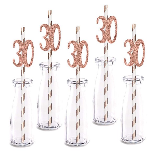 Rose Happy 30th Birthday Straw Decor, Rose Gold Glitter 24pcs Cut-Out Number 30 Party Drinking Decorative Straws, Supplies