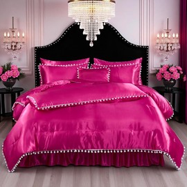Bedorm Silky Satin Comforter Set King Hot Pink Bedding 10 Pcs Bed Set White Pom Pom Luxury Silky Bed Comforter with Satin Body Pillow Cover, Bed Skirt, Satin Sheet Set