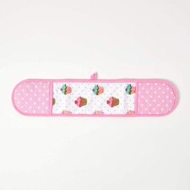 HOMESCAPES - Pure Cotton Double Oven Glove - Cup Cakes - Pink Blue - 18 x 84 cm - Fully Coordinated Washable Kitchen Linen