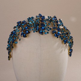 Teyglen Peacock Blue Crystal Rhinestone Large Headband Bridal Crystal Hair Band for Bride Hair Vine Wedding Hair Accessories Sparkly Rhinestone Headpiece for Women