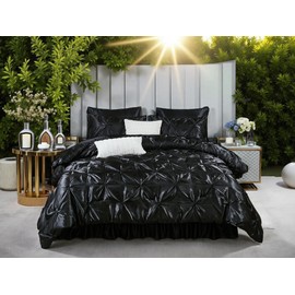 Bedbay Satin Comforter Queen Set 10 Pcs,Bed in a Bag Queen,Pinch Pleat Bedding Set,Home Decor,Black Pintuck Luxury Bed Comforter Set,Soft Silky Down Alternative Comforter for All Seasons