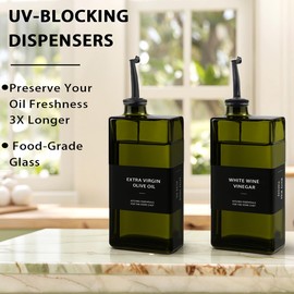Green Glass Olive Oil Dispenser Bottle for Kitchen, UV-Blocking Oil and Vinegar Dispenser Set, Soy Sauce Dispenser, Coffee Syrup Bottles, Modern Kitchen Decor (Green, 16.9oz, 2pcs)
