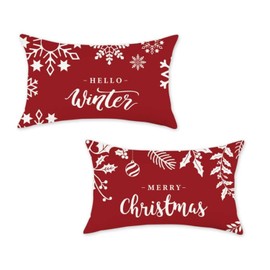 ONWAY Christmas Throw Pillow Covers 12x20 Set of 2 Red Merry Christmas Decorations Hello Winter Snowflakes Outdoor Farmhouse Xmax Cushion Cases for Sofa Couch Home