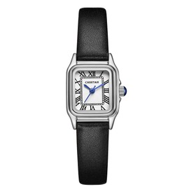 CHEETAH Women’s Leather Strap Watch, with Silver-Tone Small Vintage Rectangular Case, Roman Dial
