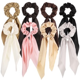 8PCS Bow Hair Scrunchies, Hair Scarf for Women Knotted Bow Silk Hair Ties Satin Hair Ribbon Hair Accessories Gifts