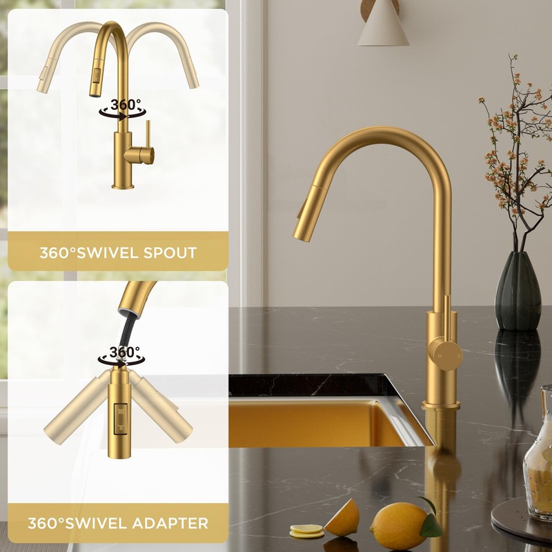 FORIOUS Gold Kitchen Faucet with Pull Down Sprayer, Brushed Brass