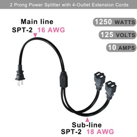 KUNCAN 2-Prong Splitter Extension Cord - 2-Pack Polarized Plug Male to Female Extension Cord with 2 Outlets, 1 to 2 Ways Power Cord Splitter, NEMA 1-15P to 2X 1-15R, 1 feet