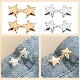 4 Pair Waist Tightener Clips,Adjustable Jeans Waist Tightener,Reusable Pentagram Trouser Tighteningclips,Durable Jean Clips,No Sewing Required Jean Button,for Loose Pants Skirts Sleeves(Gold,Silver)