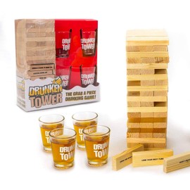Original DrunkenTower® | Wobble Tower with Penalties | 60 Wooden Parts | 4 Shot Glasses | Drinking Game | Party | OriginalCup®