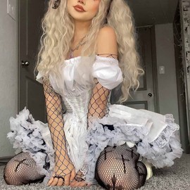 Women's Gothic Lolita Mini Dresses Vintage Punk Puff Sleeve A Line Swing Short Goth Dress (White, Small)