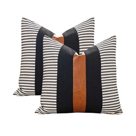 Vfuty Set of 2 Boho Decorative Throw Pillow Covers 18x18 Inch Farmhouse Stripe Pillow Case,Faux Leather Modern Cushion Cover for Living Room Couch Bed Natural Decor Pillowcase Black and Brown