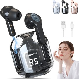 Auriculares Bluetooth inalámbricos, mini auriculares Bluetooth, auriculares intrauditivos, IPX4 resistente al agua y a las salpicaduras, con estuche de carga y LED digital, iOS y Android (Negro)