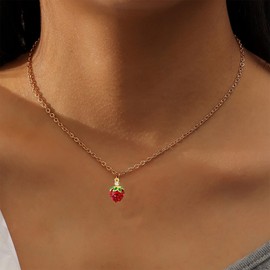 QLUYCKW 3PCS Red Strawberry Jewelry Set for Women Dainty Lovely Sweet Strawberry Fruit Pendant Necklace Fashion Strawberry Rhinestone Bracelet Birthday Party Chic Jewelry, Medium, Alloy Steel