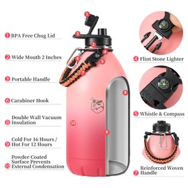 Boulder Bee | 128 oz Insulated Water Bottles with Handle | Stainless Steel Thermos for Hot & Cold Drinks | Double Vacuum Walled | Large Metal Jug for Travel, Hiking, Camping (Pink)