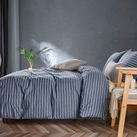 JELLYMONI Pinstriped 100% Washed Cotton Linen Like Duvet Cover Set, 3 Pieces Luxury Soft Bedding Set with Buttons Closure, Blue Stripes Pattern Printed Duvet Cover Queen Size(No Comforter)