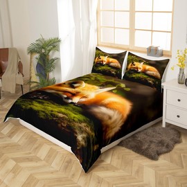 Feelyou Kids Duvet Cover Fox Print Bedding Set 3D Animal Theme Comforter Cover for Boys Girls Children Teens Bedroom Decor Nature Woodland Fox Bedspread Cover Queen Size with 2 Pillow Case
