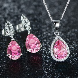 Jewellery Set 925 Silver Women's Chain Earring Necklace Pendant Stud Earrings Drop Elegant with Birthstone Gift Packaging 40 + 5 cm Chain Length Gifts for Party/Anniversary/Birthday, Created Pink